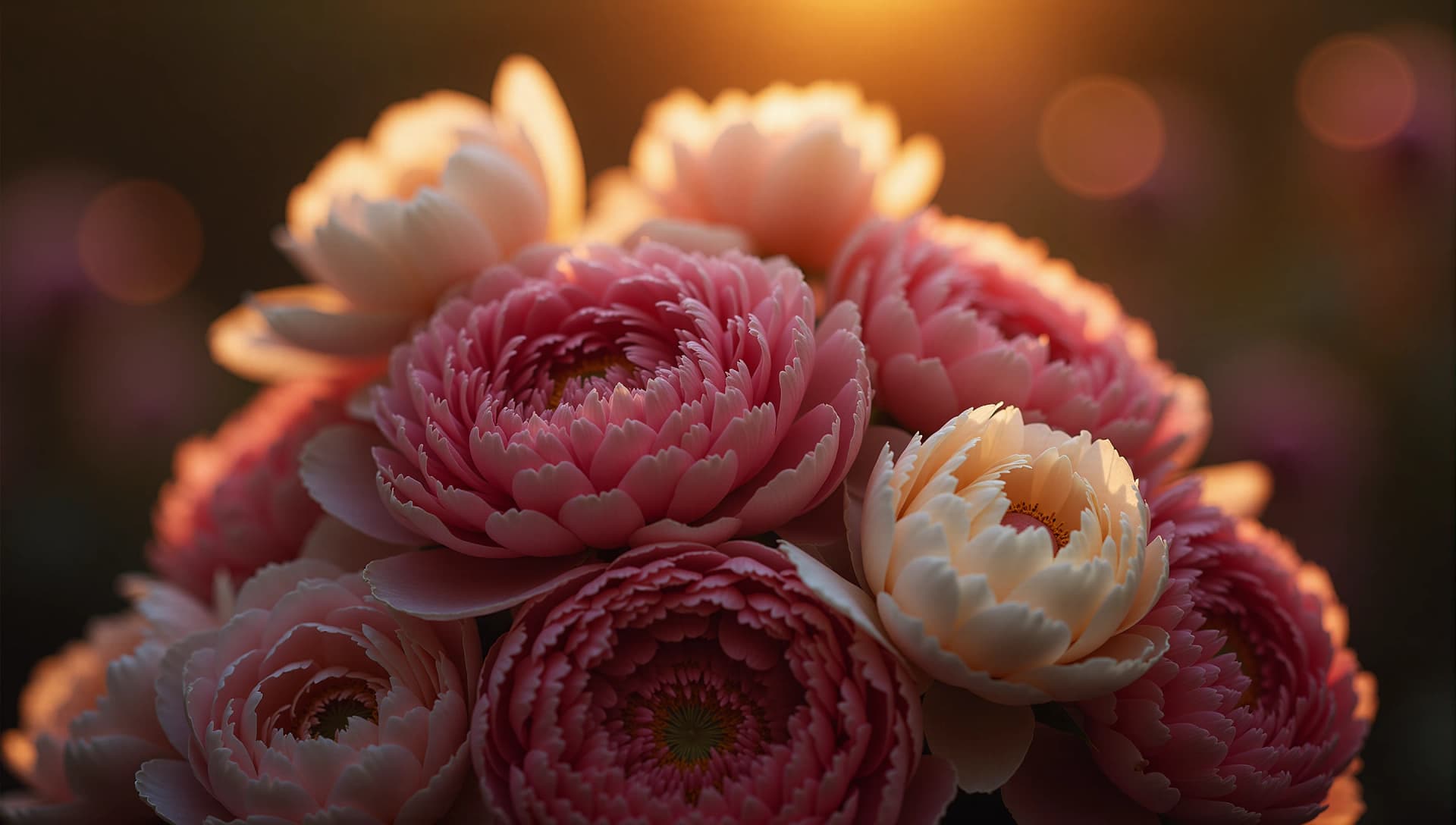 Peonías rosadas en luz cálida de atardecer — estudio Florería Andrea Garibay