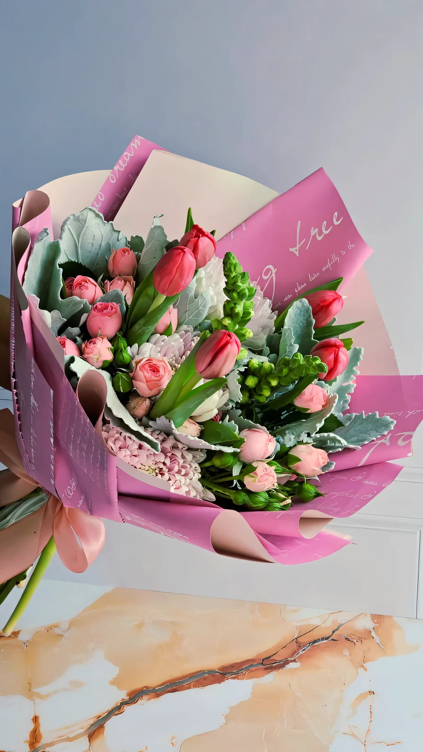 Ramo de tulipanes envuelto en papel coreano rosa