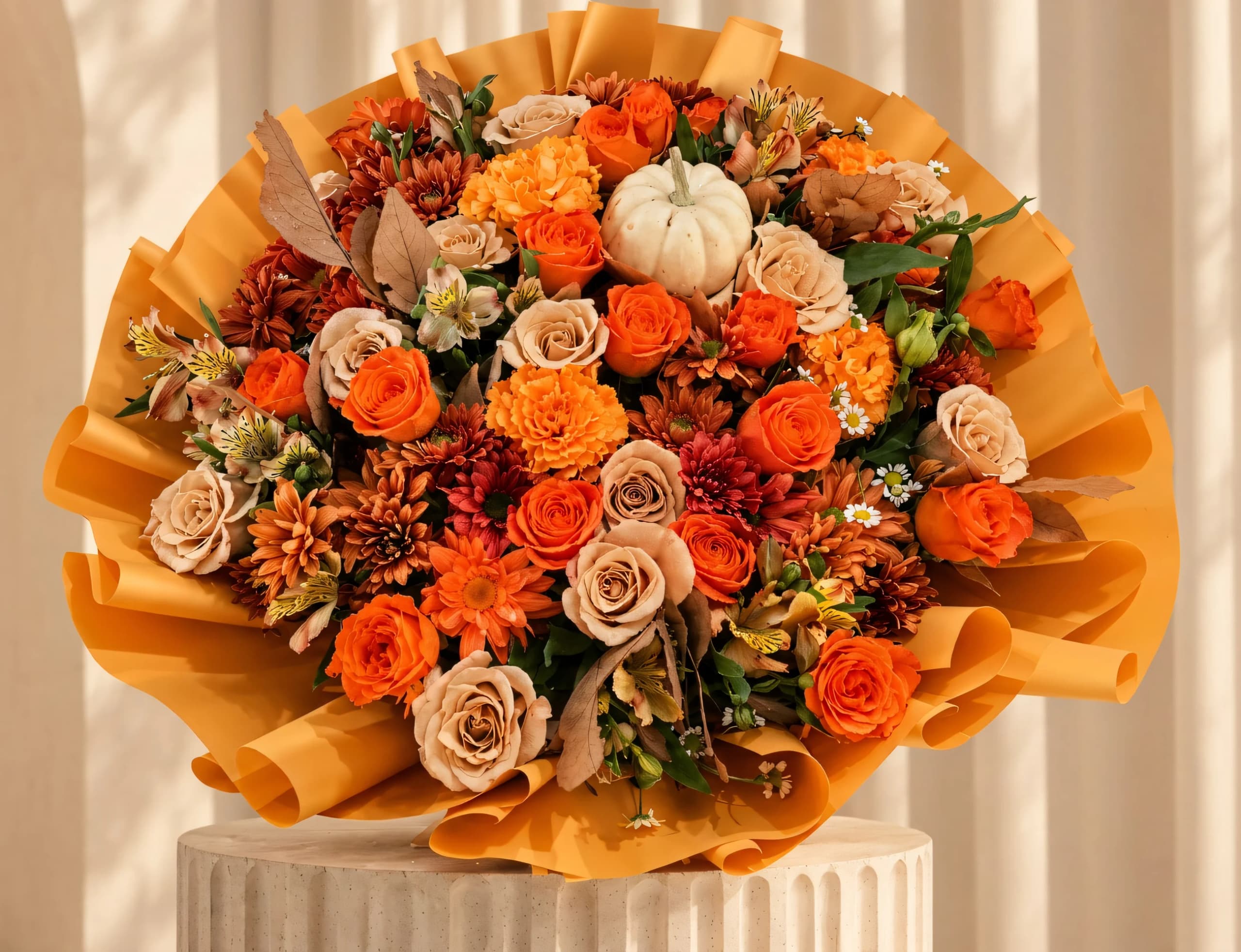 Ramo de otoño de Andrea Garibay con rosas naranjas, rosas capuchino, cempasúchil, crisantemos y follaje seco en papel mostaza sobre un pedestal, con luz de tarde, colección Otoño en flor, florería en León, Guanajuato