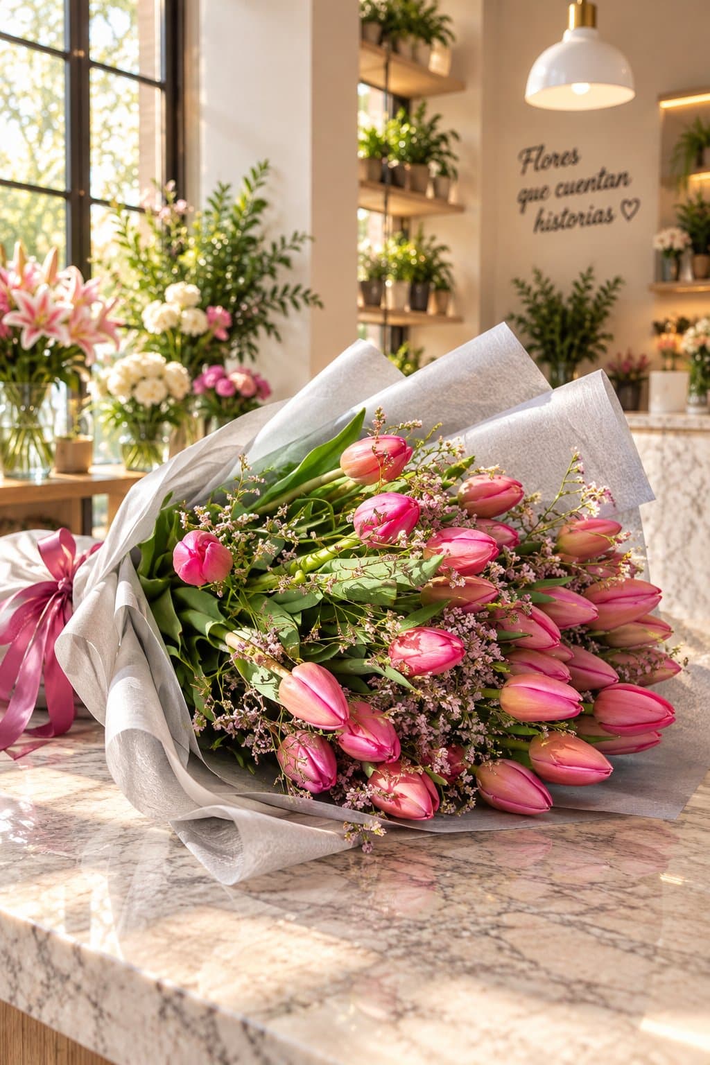 Ramo Bianca de 20 tulipanes rosas naturales con flores complementarias, follajes verdes y envoltura gris plata.