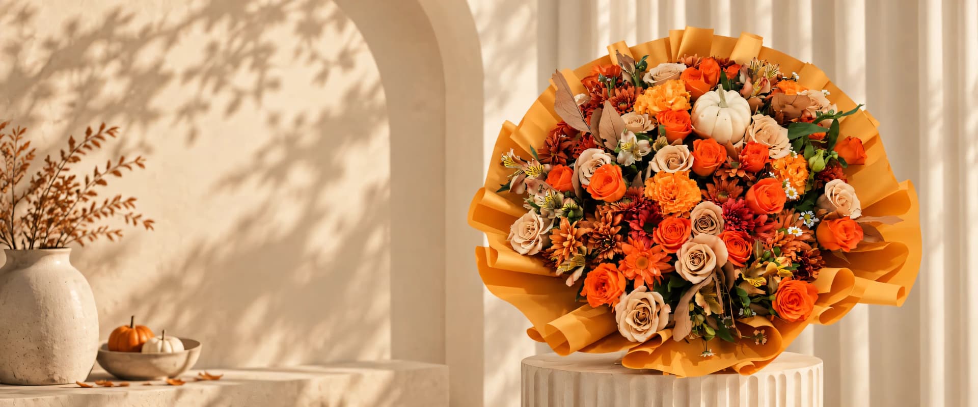 Ramo de otoño de Andrea Garibay con rosas naranjas, rosas capuchino, cempasúchil, crisantemos y follaje seco en papel mostaza sobre un pedestal, colección Otoño en flor, florería en León, Guanajuato