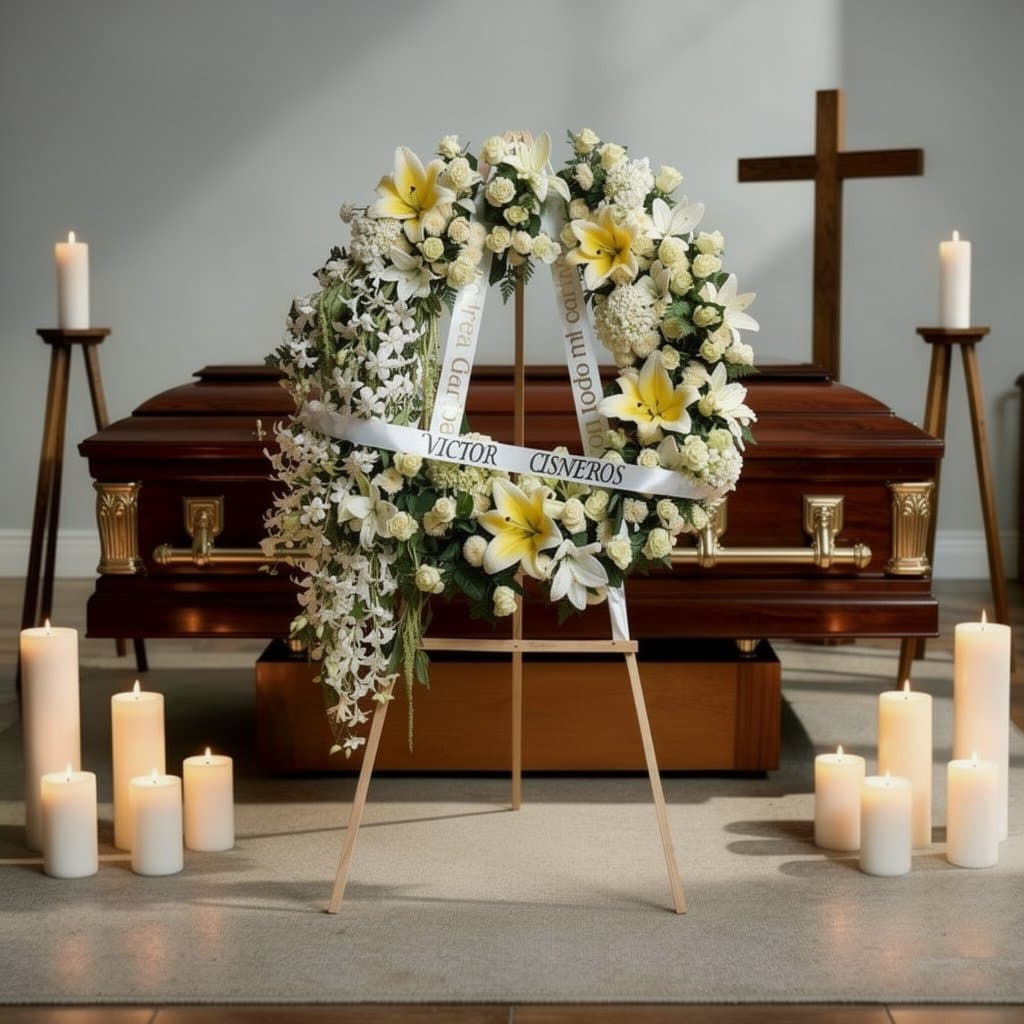 Corona Alas de Luz | Corona Fúnebre de Diseño Asimétrico, arreglo fúnebre de Florería Andrea Garibay en León