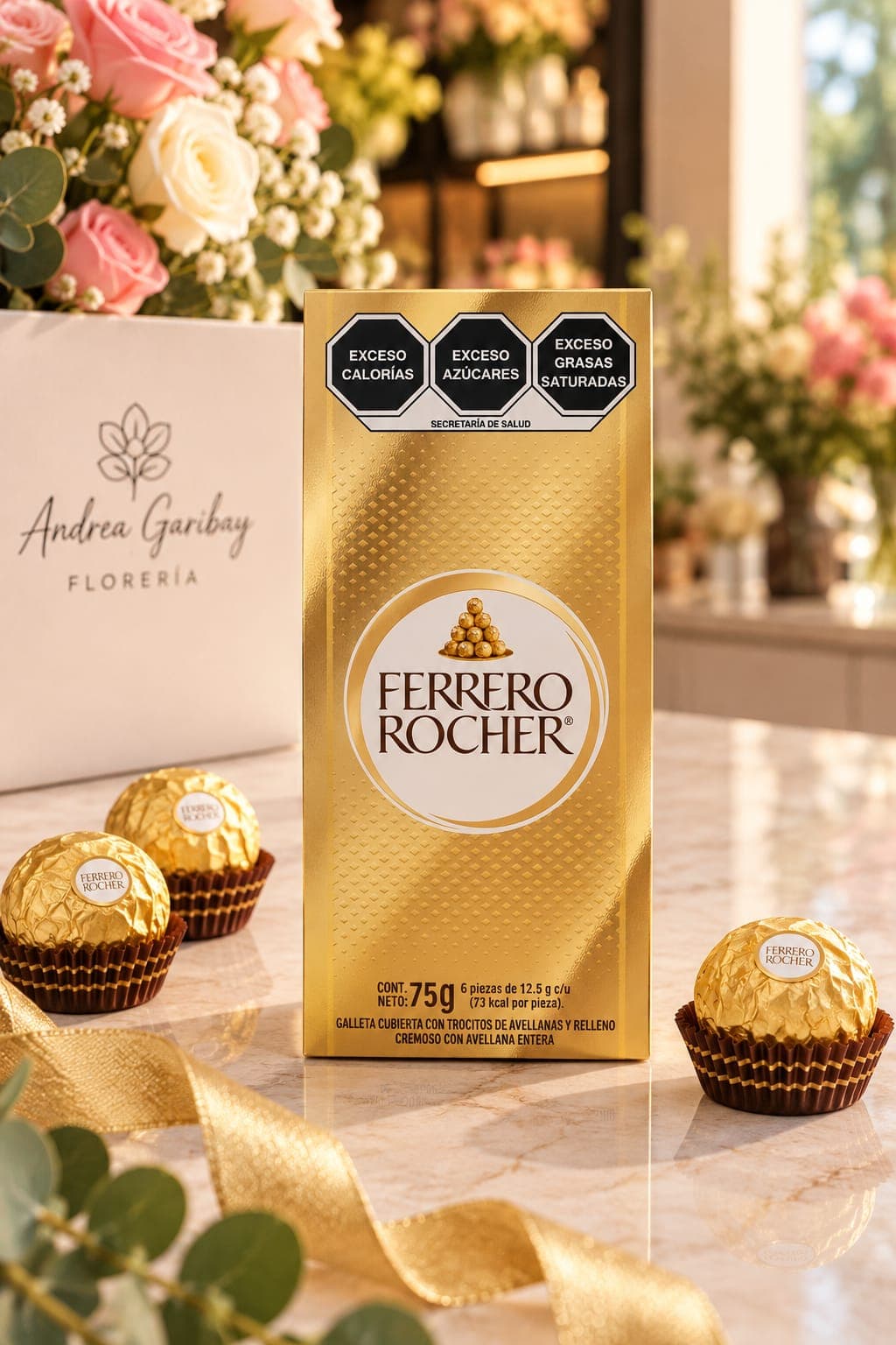 Chocolates Ferrero Rocher | Caja de 6 Piezas (75 g) — Ferrero Rocher – Un pequeño detalle para endulzar grandes momentos
¡Porque las flores y el chocolate siempre hacen una combina