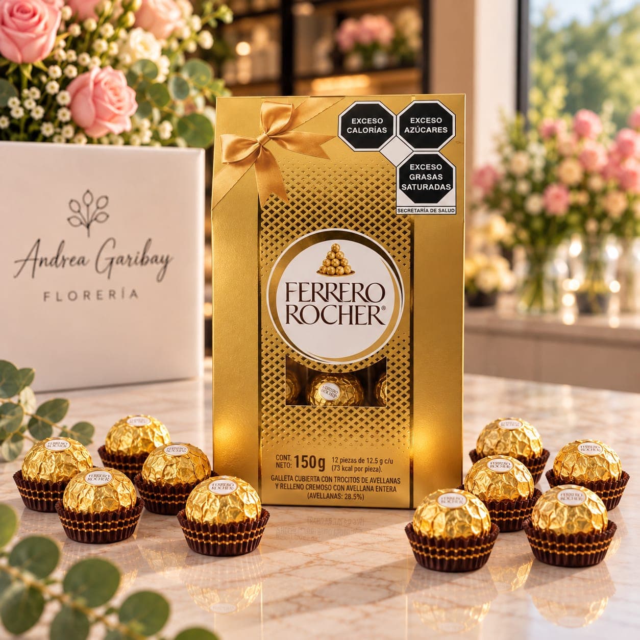 Chocolates Ferrero Rocher | Caja de 12 Piezas (150 g) — Ferrero Rocher – Un detalle irresistible para compartir
¡Porque las flores y los chocolates siempre son una combinación perf