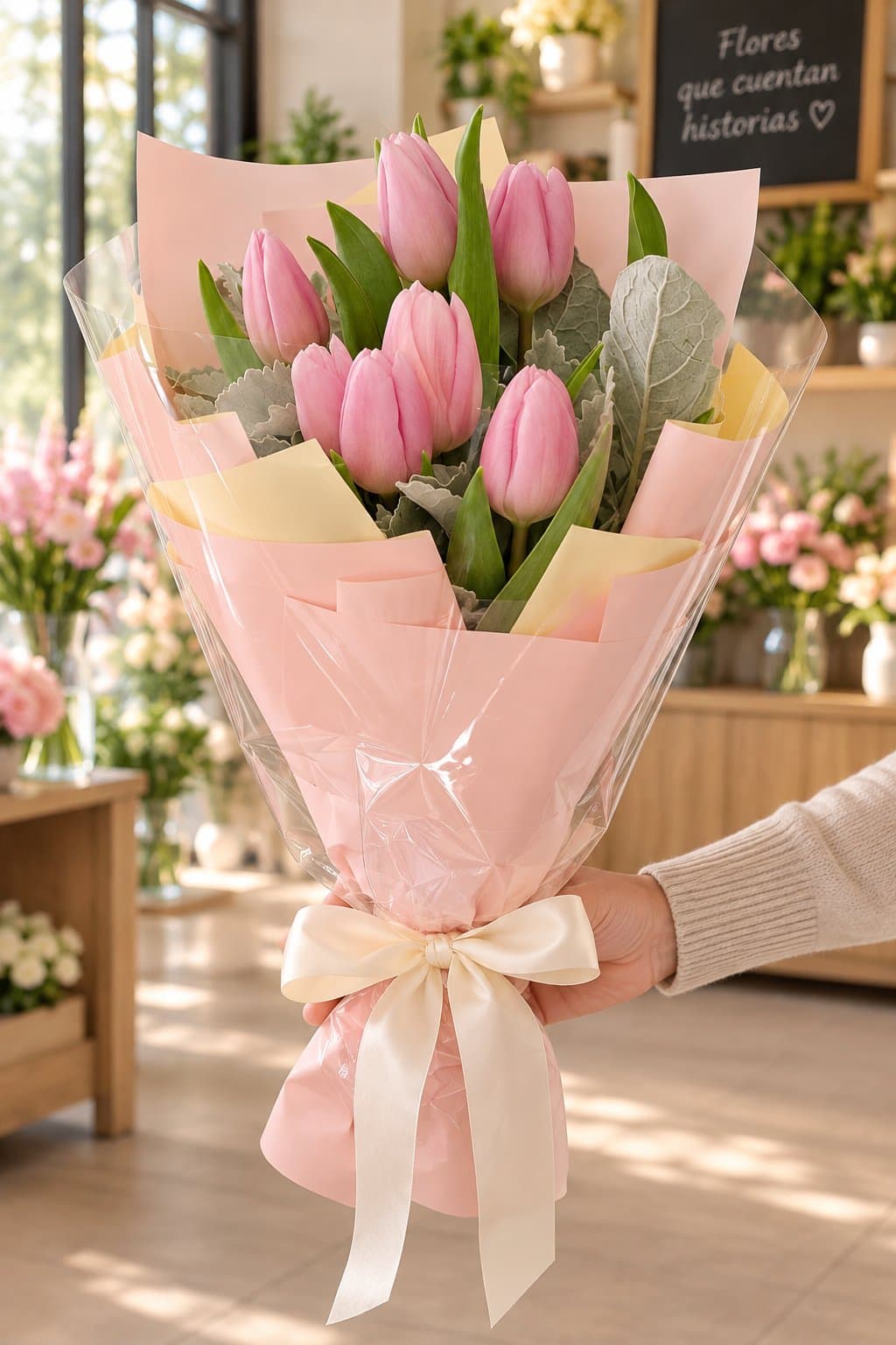 Ramo Alina de 7 tulipanes rosas con follaje decorativo, envoltura rosa pastel y listón de satín.
