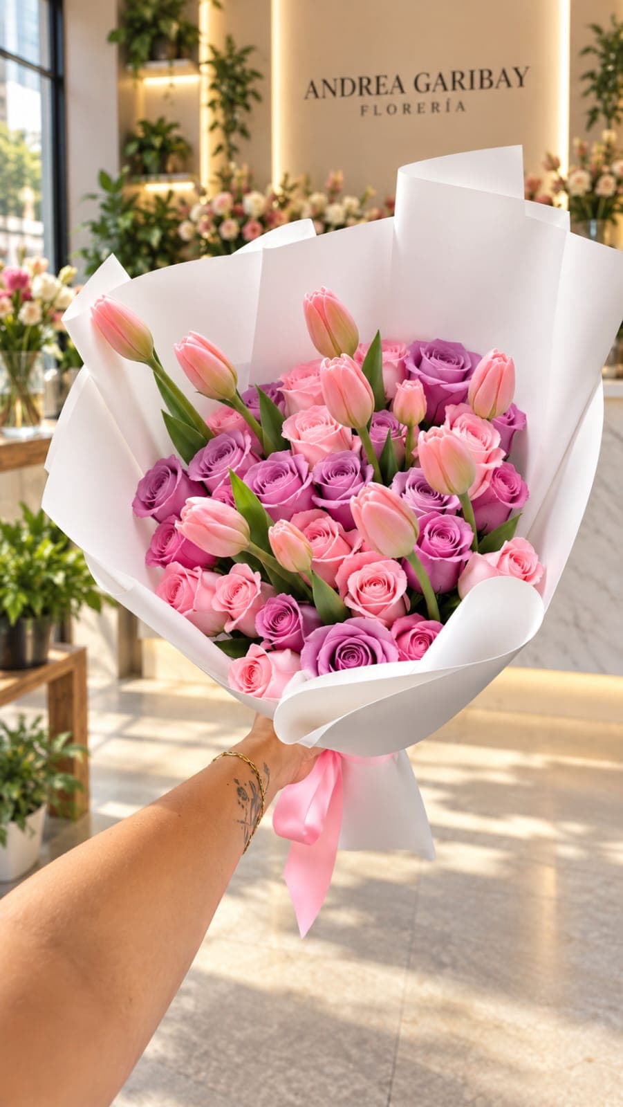 Ramo Amara con 10 tulipanes rosas y 30 rosas en tonos rosa y lavanda, envuelto en papel blanco con listón rosa.