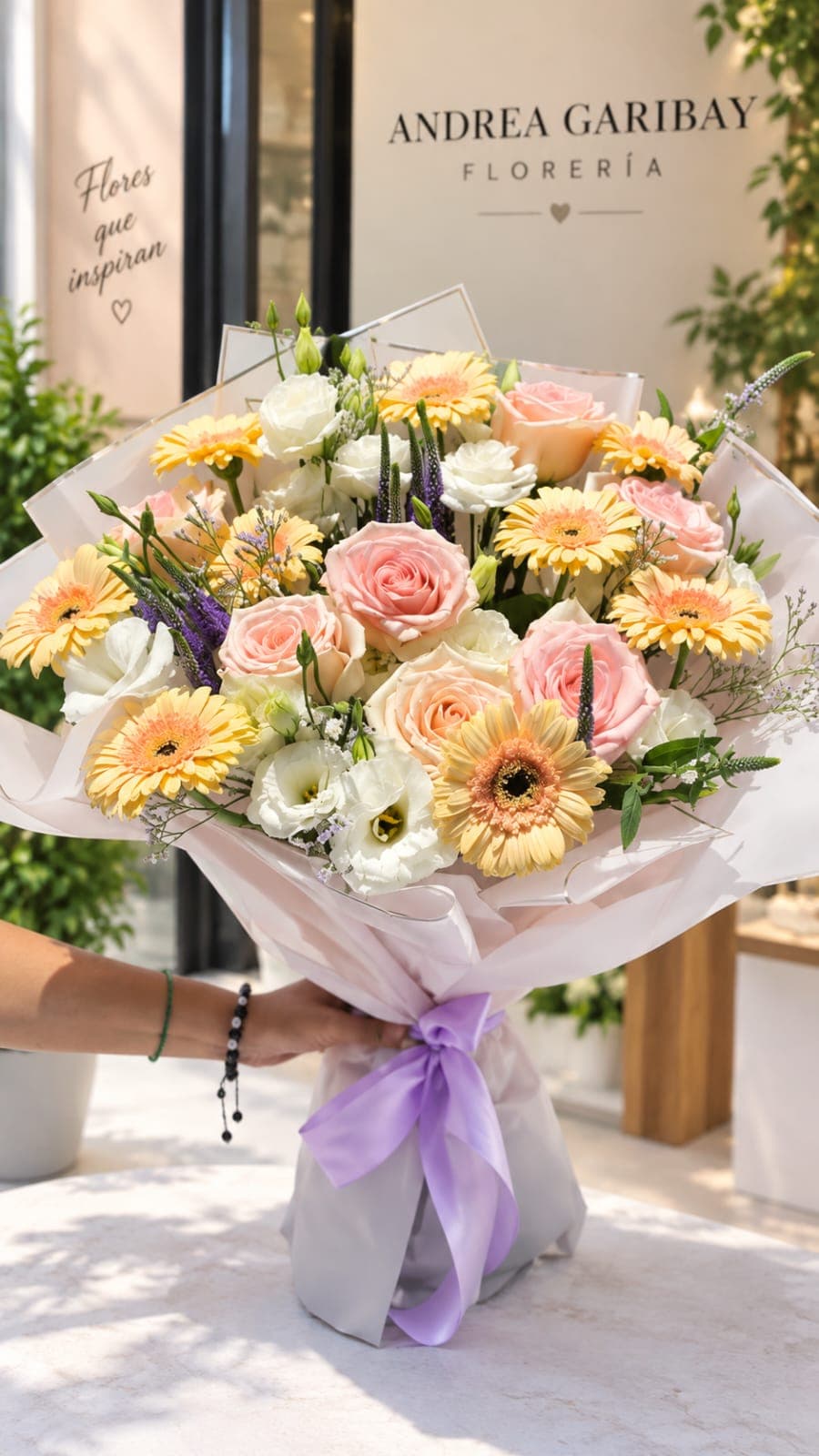 Ramo Elisa con rosas rosa pastel, gerberas amarillas y durazno, lisianthus blancos, flores lilas y envoltura clara con listón lavanda.