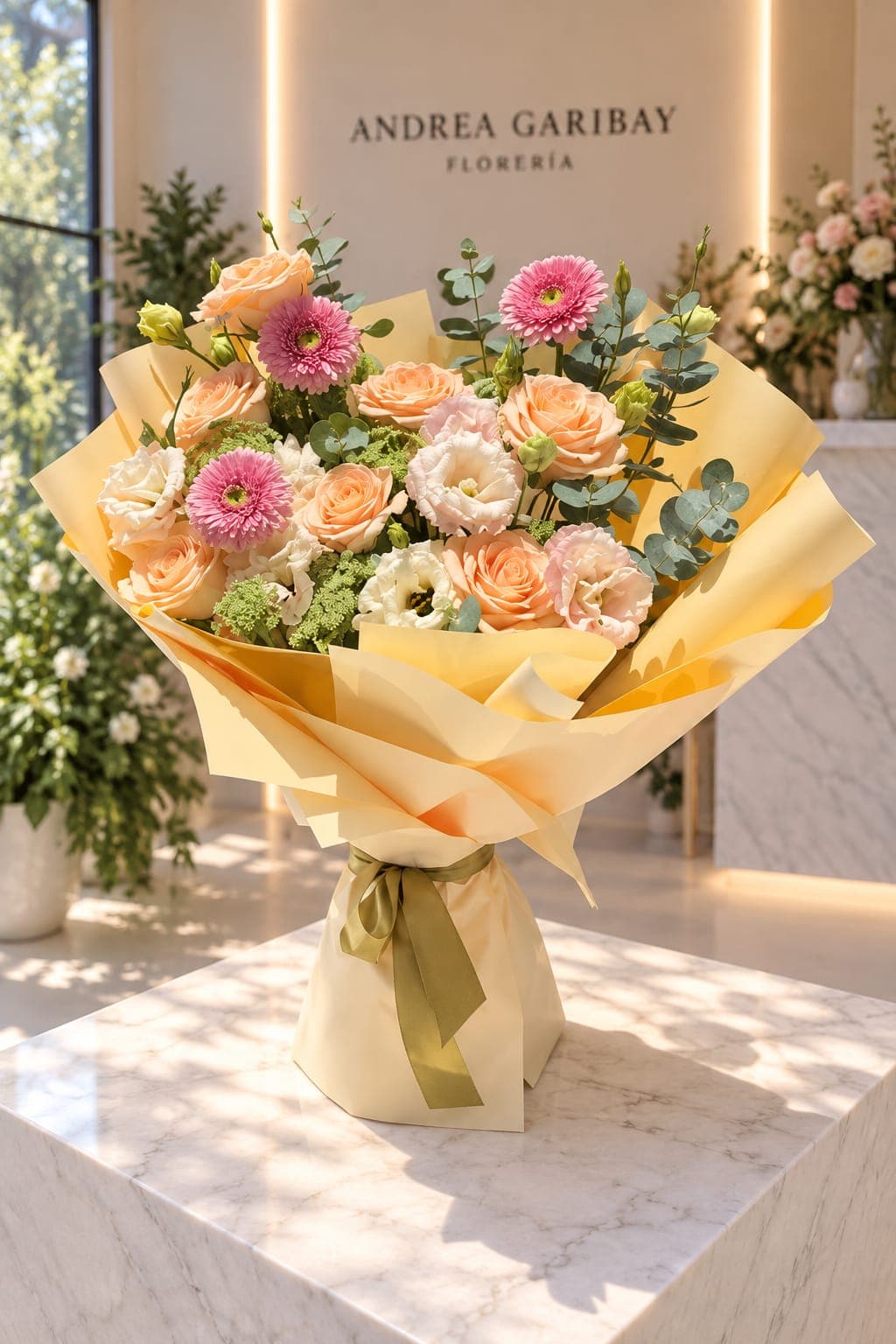 Ramo Dalia con rosas durazno, gerberas rosas, lisianthus crema y follajes de eucalipto, envuelto en papel amarillo mantequilla con listón verde olivo.