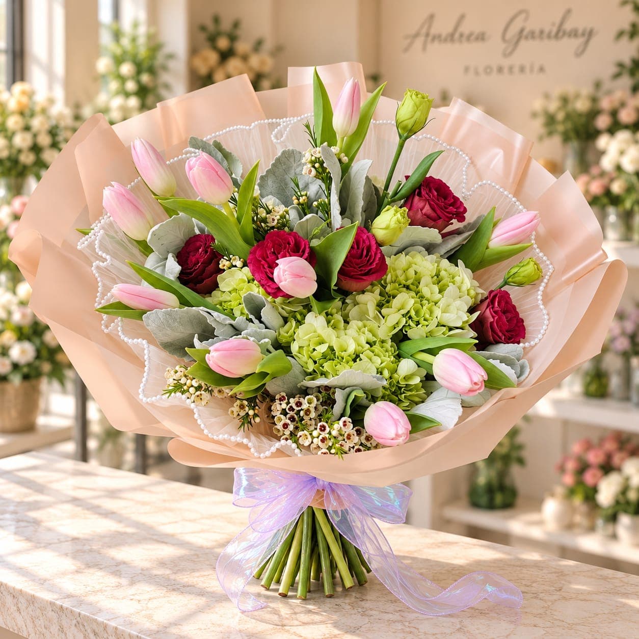 ISADORA | Ramo de Tulipanes, Rosas y Hortensias, arreglo floral de Florería Andrea Garibay en León