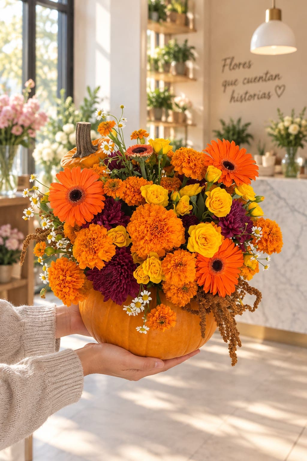 COSECHA DORADA | Diseño Floral en Calabaza | Colección La Vida Florece, arreglo floral de Florería Andrea Garibay en León