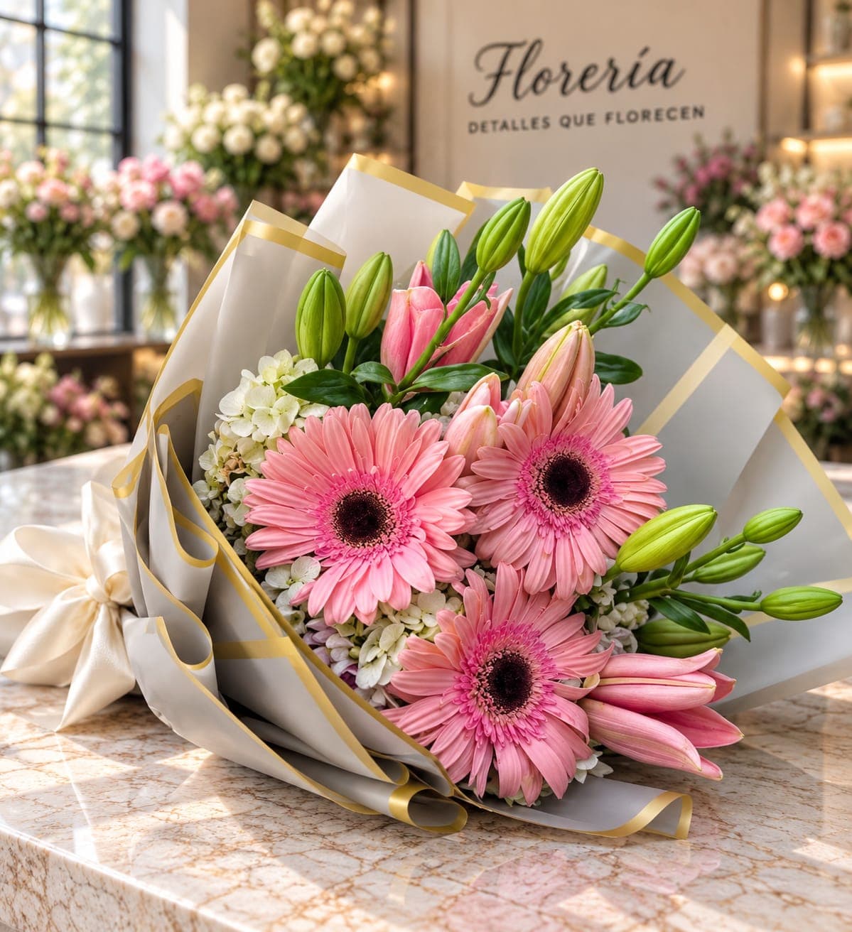 IRIS | Ramo de Gerberas y Lirios Rosas, arreglo floral de Florería Andrea Garibay en León