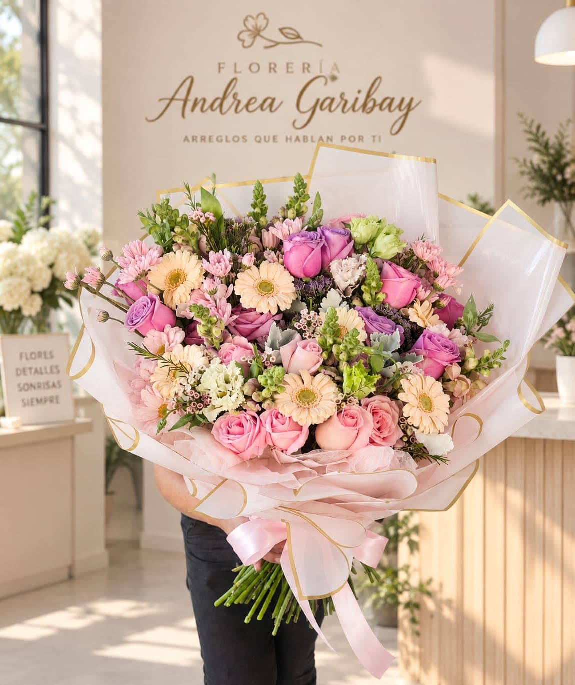 ALESSIA | Ramo Floral de Rosas y Gerberas, arreglo floral de Florería Andrea Garibay en León