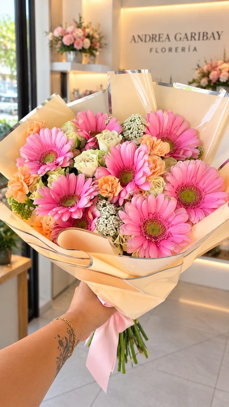 MELINA | Ramo de Gerberas Rosas y Flores Mixtas, arreglo floral de Florería Andrea Garibay en León
