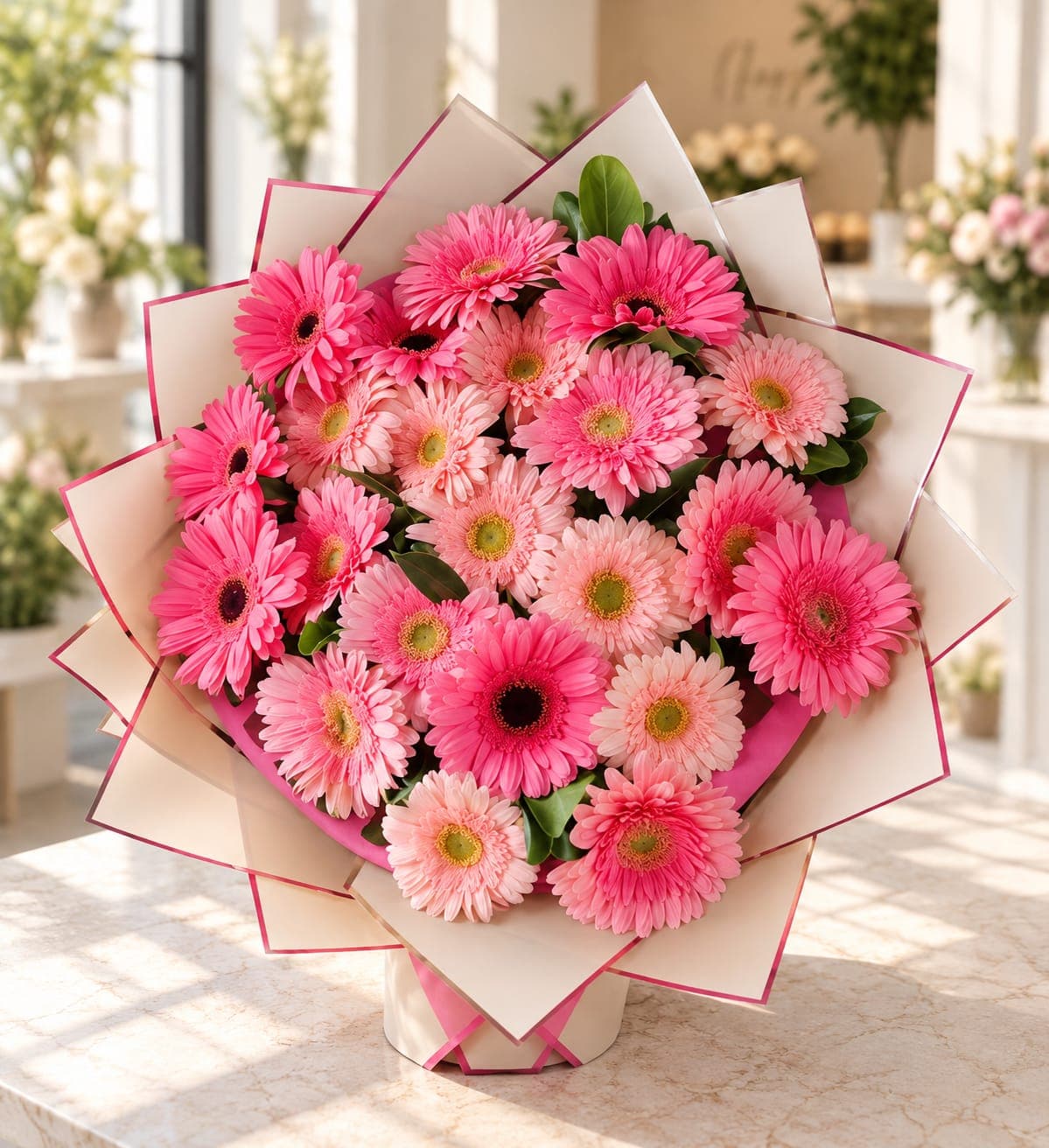 Ramo Paola de gerberas naturales en tonos rosa claro y fucsia, con follajes verdes y envoltura marfil de bordes rosas.