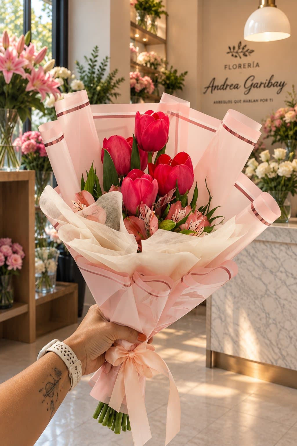 Ramo Vera con cuatro tulipanes rojos, alstroemerias rosadas y envoltura rosa pastel con listón de satín.