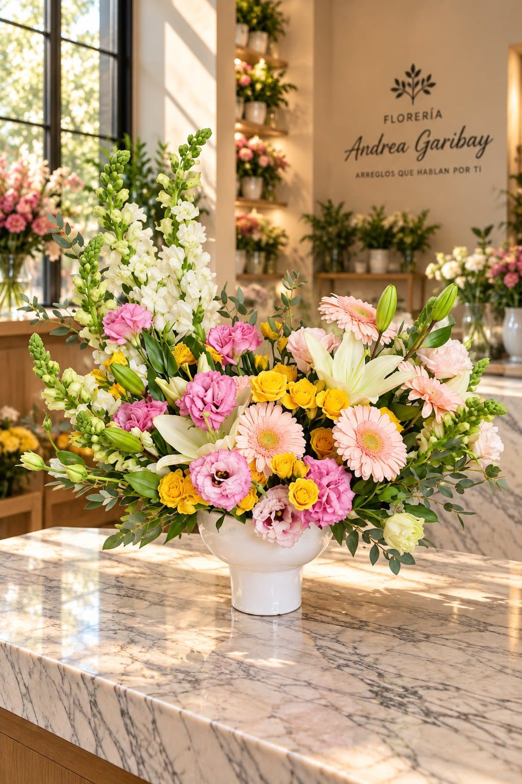 Arreglo floral Renata con rosas amarillas, gerberas rosas, lirios blancos, lisianthus rosados y follajes naturales en base de cerámica blanca.