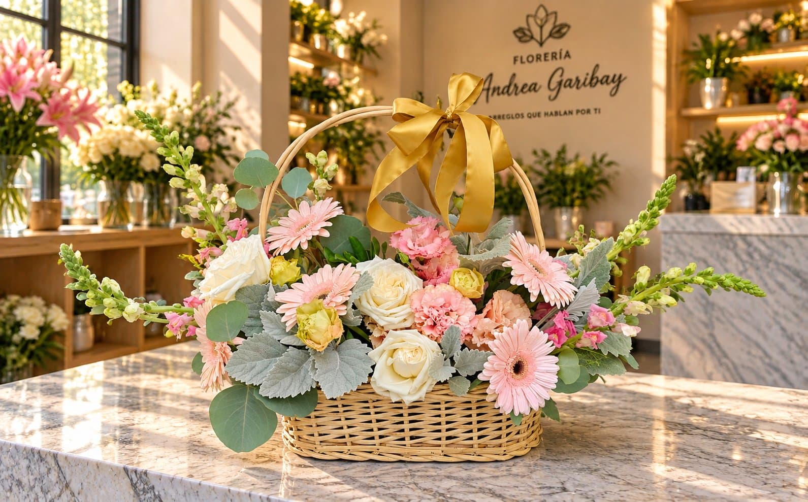 Canasta floral Angélica con rosas marfil, gerberas rosa pastel, lisianthus, eucalipto y follajes plateados en canasta de mimbre con moño dorado.