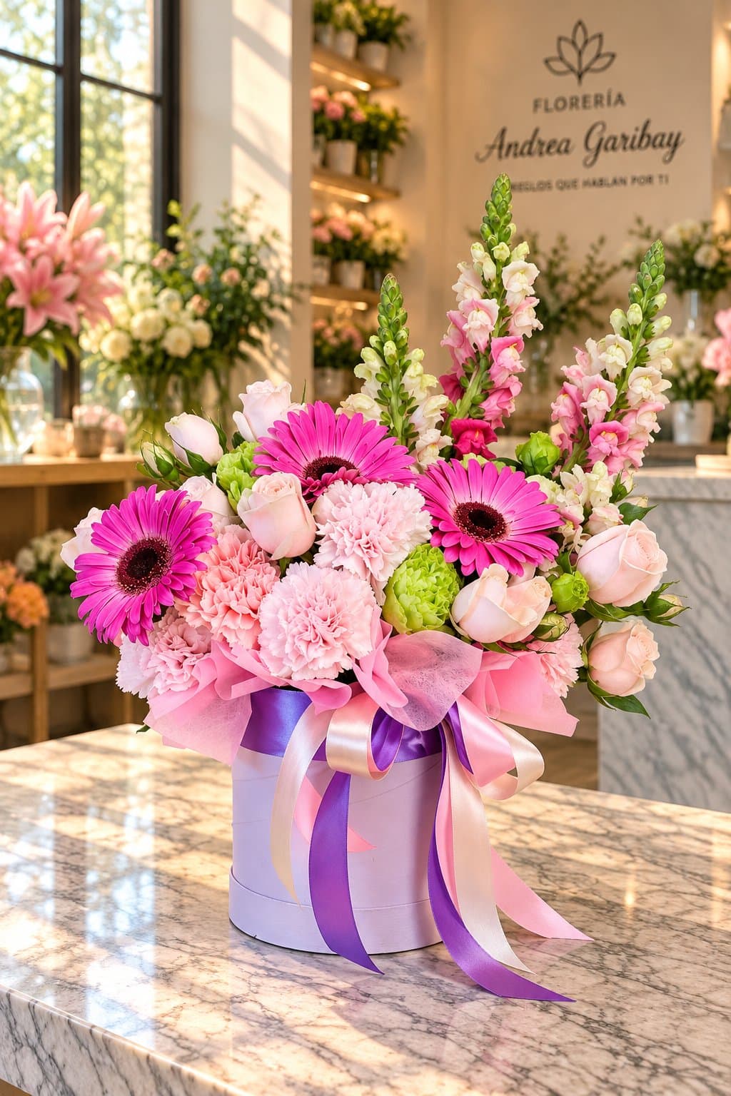 AURORA | Diseño Floral en Caja Lavanda, arreglo floral de Florería Andrea Garibay en León