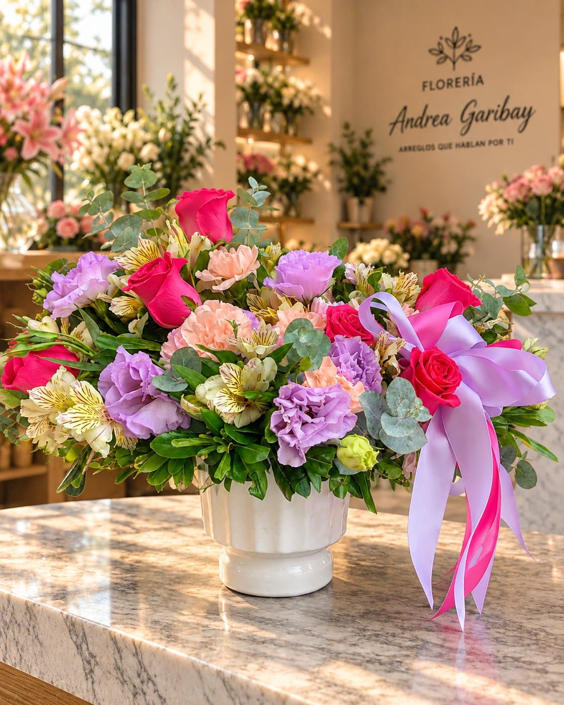 Arreglo floral Gisela con rosas fucsia, lisianthus lavanda, claveles durazno, alstroemerias y eucalipto en base blanca con moño rosa y morado.